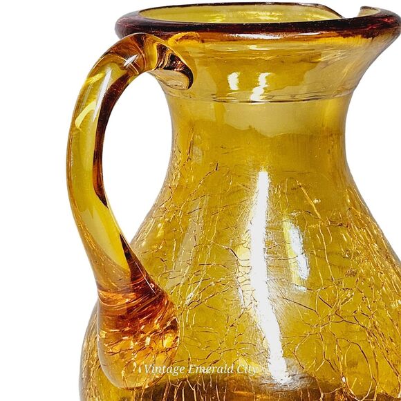 Vtg Handblown Cruet Mini Pitcher 4 In Amber Crackle Art Glass & Wooden Base Set - Picture 11 of 14